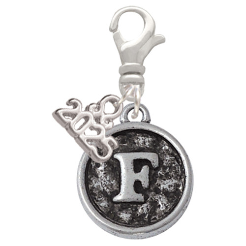Silver Plated Antiqued Round Seal - Initial - F - Silver Plated Clip on Charm with Mini Year 2025: Year to Remember Jewelry Gift - Celebrations