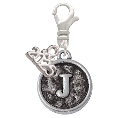 Silver Plated Antiqued Round Seal - Initial - J - Silver Plated Clip on Charm with Mini Year 2025