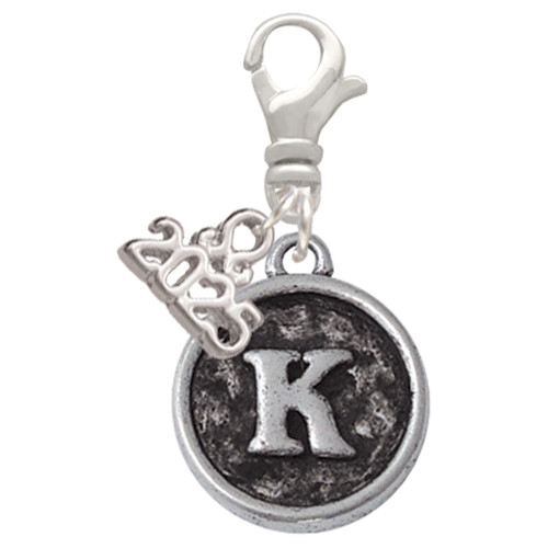 Silver Plated Antiqued Round Seal - Initial - K - Silver Plated Clip on Charm with Mini Year 2025: Year to Remember Jewelry Gift - Celebrations
