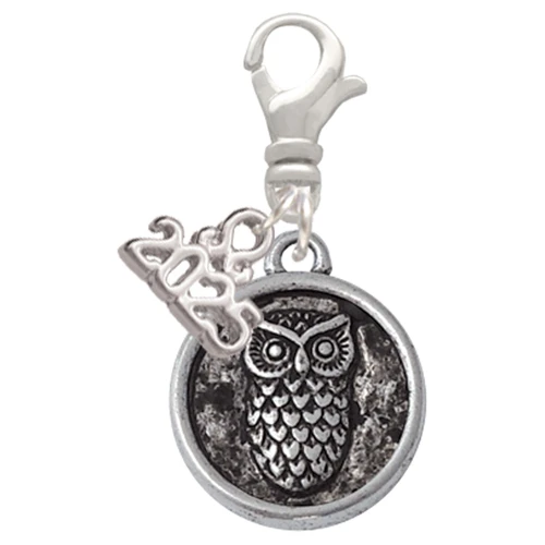 Silver Plated Antiqued Round Seal - Owl - Silver Plated Clip on Charm with Mini Year 2025: Year to Remember Jewelry Gift - Celebrations