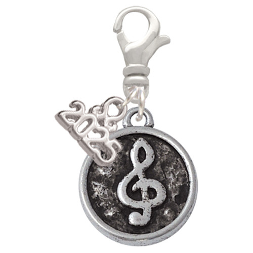 Silver Plated Antiqued Round Seal - Clef - Silver Plated Clip on Charm with Mini Year 2025: Year to Remember Jewelry Gift - Celebrations