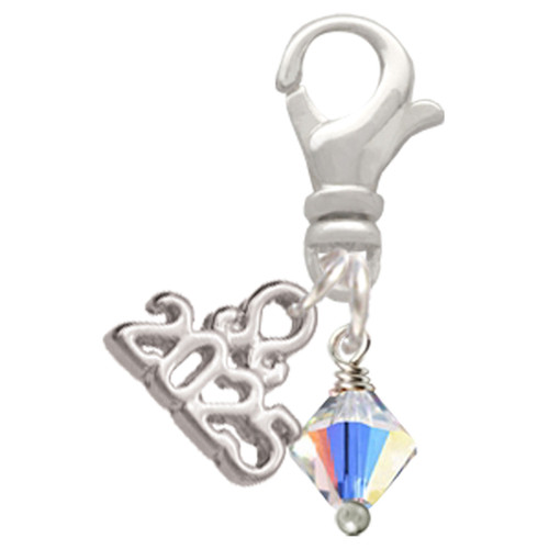 Clear AB Crystal Bicone - Silver Plated Clip on Charm with Mini Year 2025: Year to Remember Jewelry Gift - Celebrations