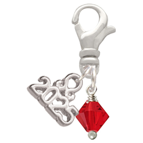 July - Red Crystal Bicone - Silver Plated Clip on Charm with Mini Year 2025: Year to Remember Jewelry Gift - Celebrations