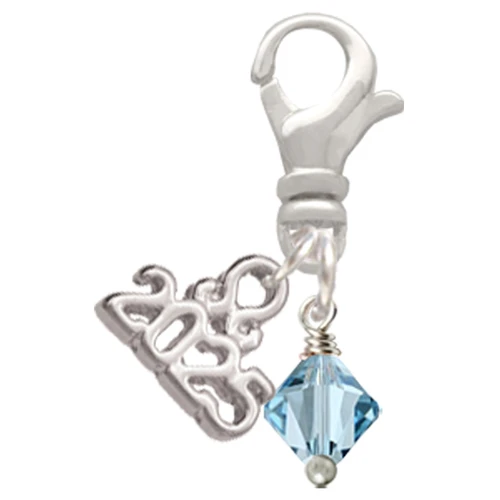 March - Hot Blue Crystal Bicone - Silver Plated Clip on Charm with Mini Year 2025: Year to Remember Jewelry Gift - Celebrations