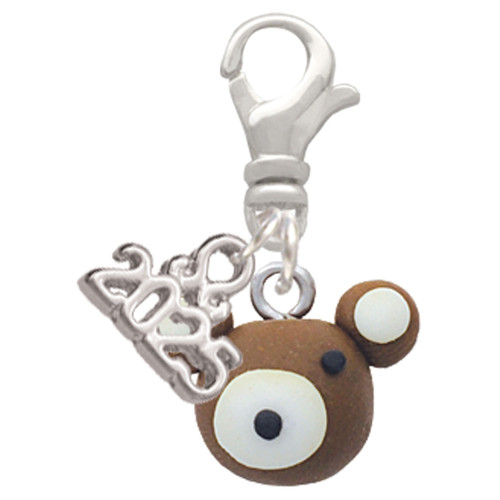 Fimo Clay Teddy Bear - Silver Plated Clip on Charm with Mini Year 2025: Year to Remember Jewelry Gift - Celebrations