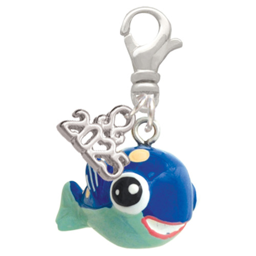 Resin Blue Fish with Pink Polka Dots - Silver Plated Clip on Charm with Mini Year 2025: Year to Remember Jewelry Gift - Celebrations