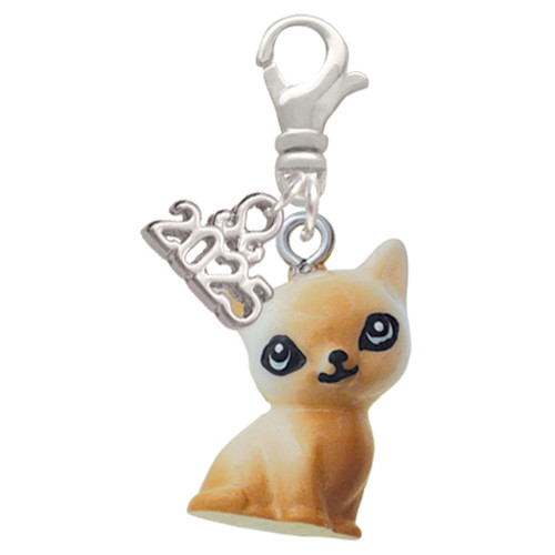 Resin Siamese Cat - Silver Plated Clip on Charm with Mini Year 2025: Year to Remember Jewelry Gift - Celebrations