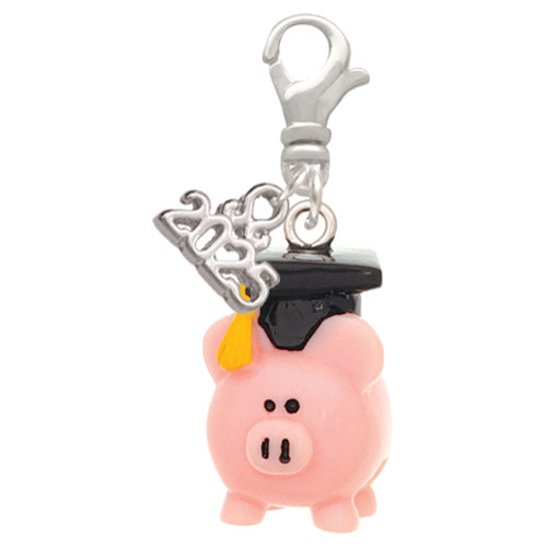 Resin Pink Pig Graduate - Silver Plated Clip on Charm with Mini Year 2025: Year to Remember Jewelry Gift - Celebrations