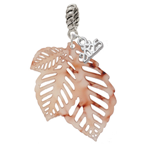 Acrylic Medium Triple Leaf Mixed Brown and Yellow - Silver Plated Twist Rope Bead Charm Dangle with Mini Year 2025: Year to Remember Jewelry Gift - Celebrations