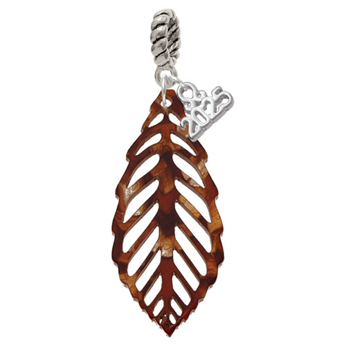 Acrylic Large Leaf Shimmer Brown - Silver Plated Twist Rope Bead Charm Dangle with Mini Year 2025: Year to Remember Jewelry Gift - Celebrations