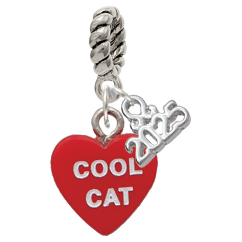 Acrylic Red "Cool Cat / Purr Fect" Heart - Silver Plated Twist Rope Bead Charm Dangle with Mini Year 2025: Year to Remember Jewelry Gift - Celebrations