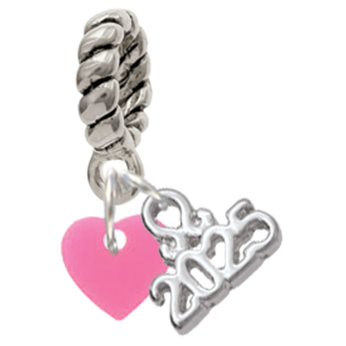Acrylic 5/16" Hot Pink Heart - Silver Plated Twist Rope Bead Charm Dangle with Mini Year 2025: Year to Remember Jewelry Gift - Celebrations