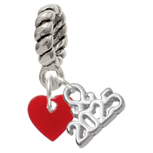 Acrylic 5/16" Maroon Heart - Silver Plated Twist Rope Bead Charm Dangle with Mini Year 2025: Year to Remember Jewelry Gift - Celebrations