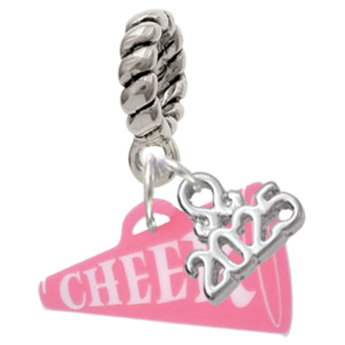 Acrylic Pink Cheer Megaphone - Silver Plated Twist Rope Bead Charm Dangle with Mini Year 2025: Year to Remember Jewelry Gift - Celebrations
