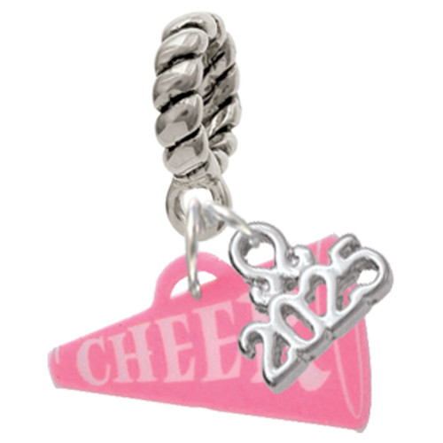 Acrylic Hot Pink Cheer Megaphone - Silver Plated Twist Rope Bead Charm Dangle with Mini Year 2025: Year to Remember Jewelry Gift - Celebrations