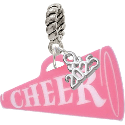 Acrylic Large Pink Cheer Megaphone - Silver Plated Twist Rope Bead Charm Dangle with Mini Year 2025: Year to Remember Jewelry Gift - Celebrations