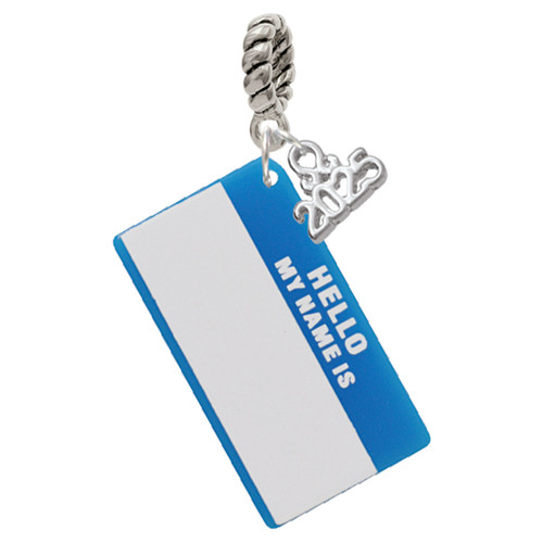 Acrylic Blue "Hello" Name Tag - Silver Plated Twist Rope Bead Charm Dangle with Mini Year 2025: Year to Remember Jewelry Gift - Celebrations