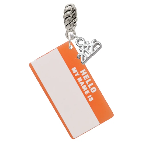 Acrylic Orange "Hello" Name Tag - Silver Plated Twist Rope Bead Charm Dangle with Mini Year 2025: Year to Remember Jewelry Gift - Celebrations