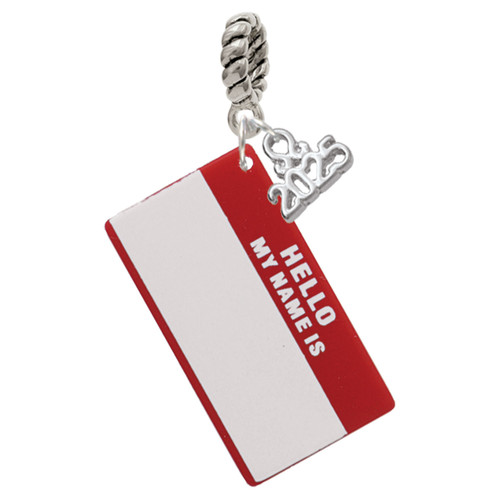 Acrylic Red "Hello" Name Tag - Silver Plated Twist Rope Bead Charm Dangle with Mini Year 2025: Year to Remember Jewelry Gift - Celebrations