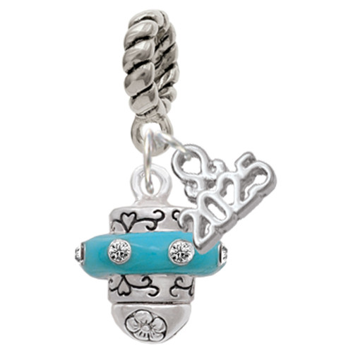 Silver Plated Crystal Teal Spinner - Silver Plated Twist Rope Bead Charm Dangle with Mini Year 2025: Year to Remember Jewelry Gift - Celebrations