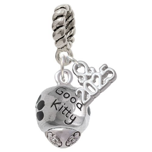 Silver Plated Good Kitty with Black Paw Spinners - Silver Plated Twist Rope Bead Charm Dangle with Mini Year 2025: Year to Remember Jewelry Gift - Celebrations