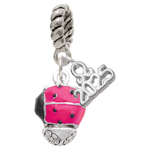 Hot Pink Ladybug Spinner - Silver Plated Twist Rope Bead Charm Dangle with Mini Year 2025: Year to Remember Jewelry Gift - Celebrations