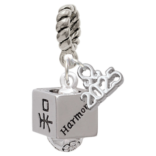 Silver Plated Chinese Symbol Harmony Square Spinner - Silver Plated Twist Rope Bead Charm Dangle with Mini Year 2025: Year to Remember Jewelry Gift - Celebrations
