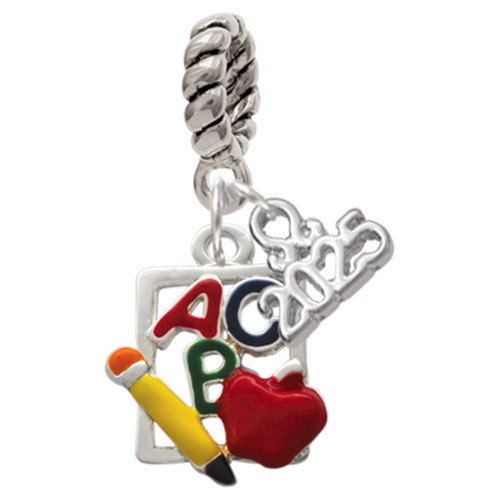 Silver Plated ABC Cutout School Slate - Silver Plated Twist Rope Bead Charm Dangle with Mini Year 2025: Year to Remember Jewelry Gift - Celebrations