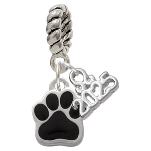 Silver Plated Small Black Paw - Silver Plated Twist Rope Bead Charm Dangle with Mini Year 2025: Year to Remember Jewelry Gift - Celebrations