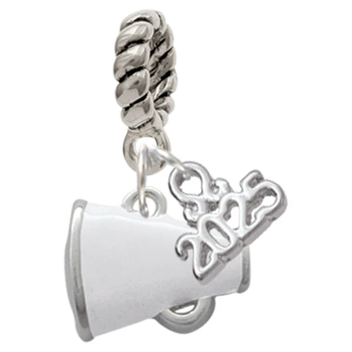 Silver Plated Small White Megaphone - Silver Plated Twist Rope Bead Charm Dangle with Mini Year 2025: Year to Remember Jewelry Gift - Celebrations
