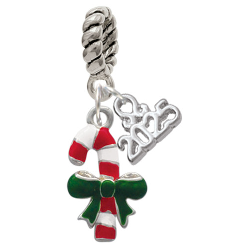 Silver Plated Candy Cane with Green Bow - Silver Plated Twist Rope Bead Charm Dangle with Mini Year 2025: Year to Remember Jewelry Gift - Celebrations