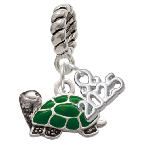 Silver Plated Green Side Turtle - Silver Plated Twist Rope Bead Charm Dangle with Mini Year 2025: Year to Remember Jewelry Gift - Celebrations