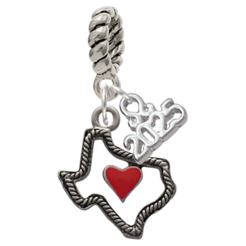 Silver Plated Open Rope Texas with Red Heart - Silver Plated Twist Rope Bead Charm Dangle with Mini Year 2025: Year to Remember Jewelry Gift - Celebrations