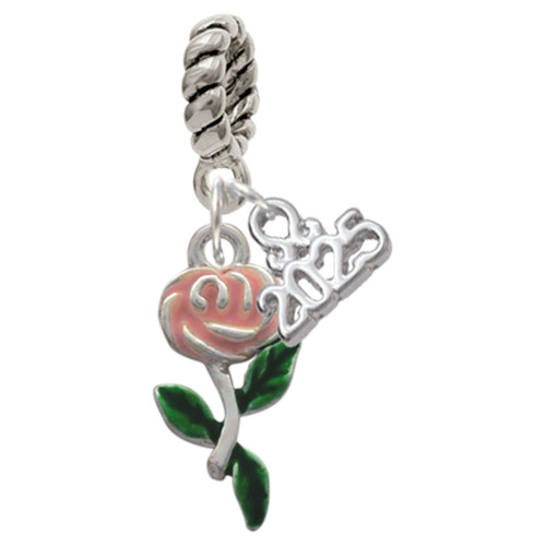 Silver Plated Pink Rose Flower - Silver Plated Twist Rope Bead Charm Dangle with Mini Year 2025: Year to Remember Jewelry Gift - Celebrations