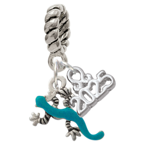 Silver Plated Small Teal Lizard - Silver Plated Twist Rope Bead Charm Dangle with Mini Year 2025: Year to Remember Jewelry Gift - Celebrations
