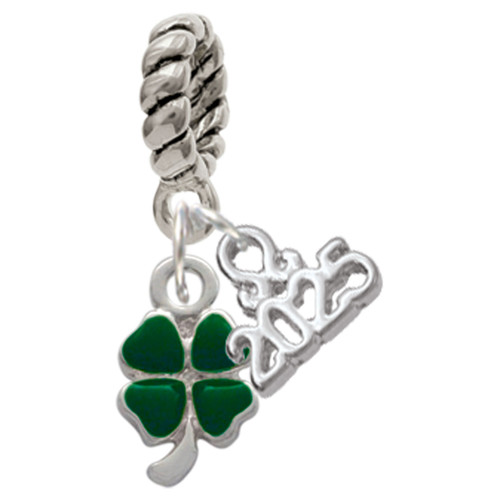 Silver Plated Mini Green Four Leaf Clover with Heart Leaves - Silver Plated Twist Rope Bead Charm Dangle with Mini Year 2025: Year to Remember Jewelry Gift - Celebrations