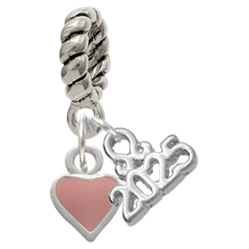 Silver Plated Mini Two Sided Pink Heart - Silver Plated Twist Rope Bead Charm Dangle with Mini Year 2025: Year to Remember Jewelry Gift - Celebrations