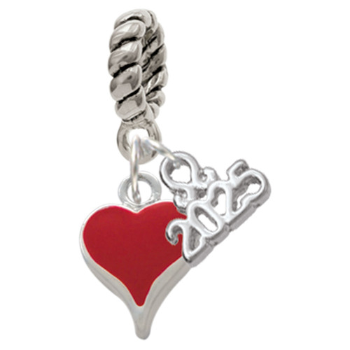 Silver Plated Small Long Red Heart - Silver Plated Twist Rope Bead Charm Dangle with Mini Year 2025: Year to Remember Jewelry Gift - Celebrations