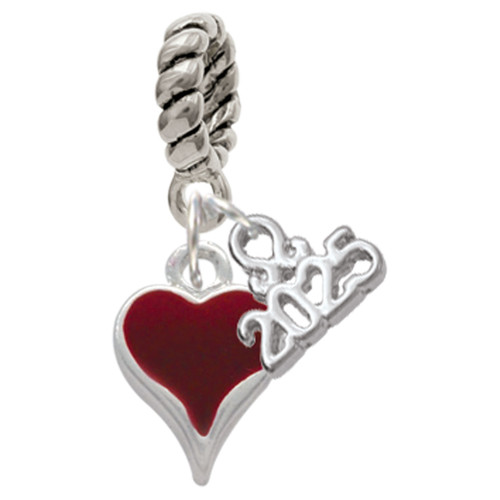 Silver Plated Small Long Maroon Heart - Silver Plated Twist Rope Bead Charm Dangle with Mini Year 2025: Year to Remember Jewelry Gift - Celebrations