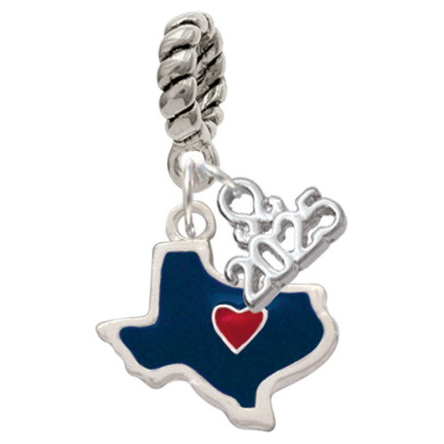 Silver Plated Blue Texas with Red Heart - Silver Plated Twist Rope Bead Charm Dangle with Mini Year 2025: Year to Remember Jewelry Gift - Celebrations