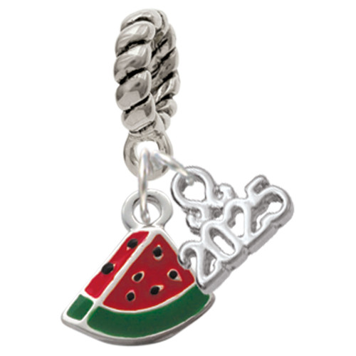 Silver Plated Mini Enamel Watermelon Slice - Silver Plated Twist Rope Bead Charm Dangle with Mini Year 2025: Year to Remember Jewelry Gift - Celebrations