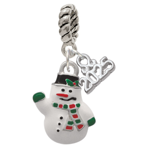 Silver Plated White Enamel Snowman - Silver Plated Twist Rope Bead Charm Dangle with Mini Year 2025: Year to Remember Jewelry Gift - Celebrations