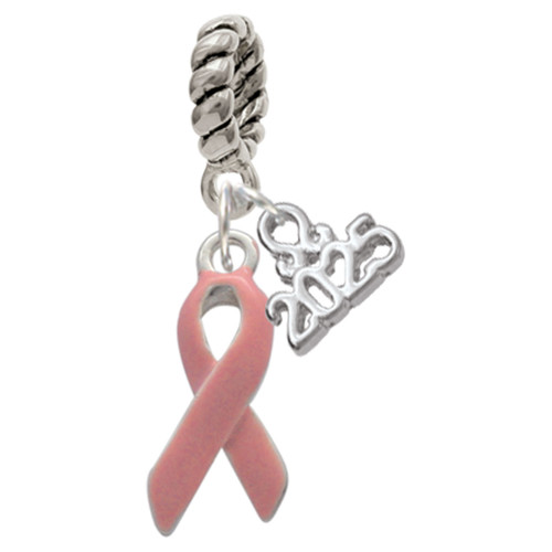 Silver Plated Pink Ribbon - Silver Plated Twist Rope Bead Charm Dangle with Mini Year 2025: Year to Remember Jewelry Gift - Celebrations