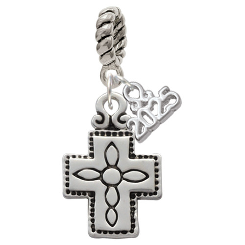 Silver Plated Large Southwestern Antiqued Cross - Silver Plated Twist Rope Bead Charm Dangle with Mini Year 2025: Year to Remember Jewelry Gift - Celebrations