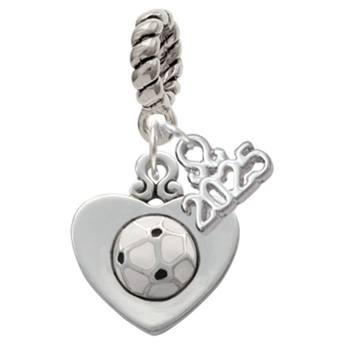 Silver Plated Soccer ball in Heart - Silver Plated Twist Rope Bead Charm Dangle with Mini Year 2025: Year to Remember Jewelry Gift - Celebrations