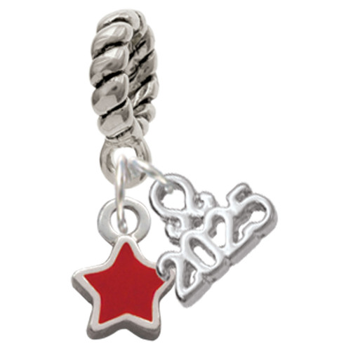 Silver Plated Mini 2-D Red Star - Silver Plated Twist Rope Bead Charm Dangle with Mini Year 2025: Year to Remember Jewelry Gift - Celebrations