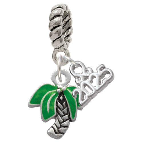 Silver Plated Mini Enamel Palm Tree - Silver Plated Twist Rope Bead Charm Dangle with Mini Year 2025: Year to Remember Jewelry Gift - Celebrations
