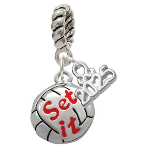Silver Plated Volleyball - ''Set It'' - Silver Plated Twist Rope Bead Charm Dangle with Mini Year 2025: Year to Remember Jewelry Gift - Celebrations