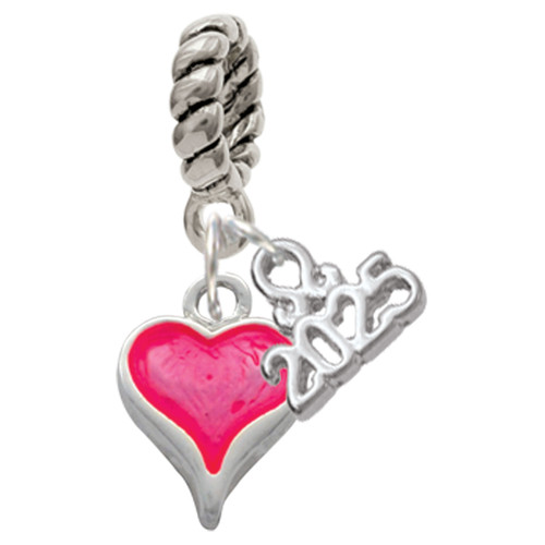 Silver Plated Small Long Hot Pink Heart - Silver Plated Twist Rope Bead Charm Dangle with Mini Year 2025: Year to Remember Jewelry Gift - Celebrations