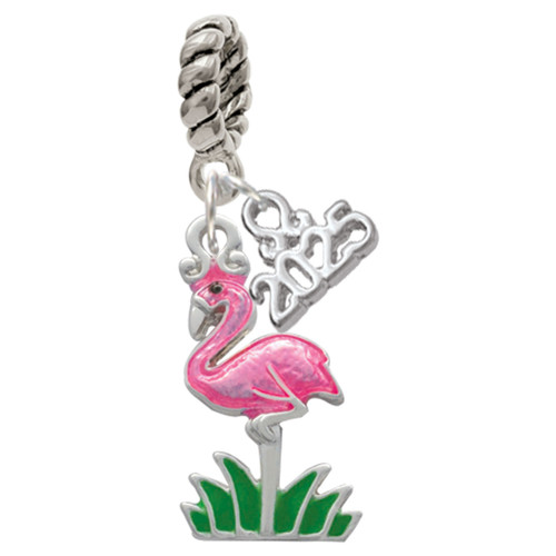 Silver Plated Hot Pink Enamel Flamingo with Grass - Silver Plated Twist Rope Bead Charm Dangle with Mini Year 2025: Year to Remember Jewelry Gift - Celebrations